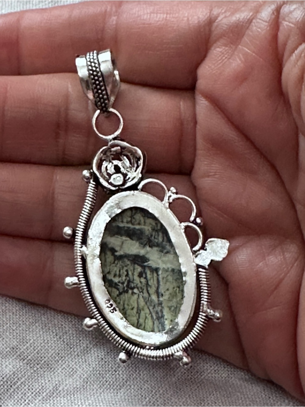 Artisan Silver Oval Green Dendritic Jasper Pendant Necklace with Rose Motif - Picture 12 of 13